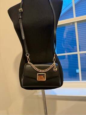 Michael Kors Black Leather Crossbody with Gold Chain Accent